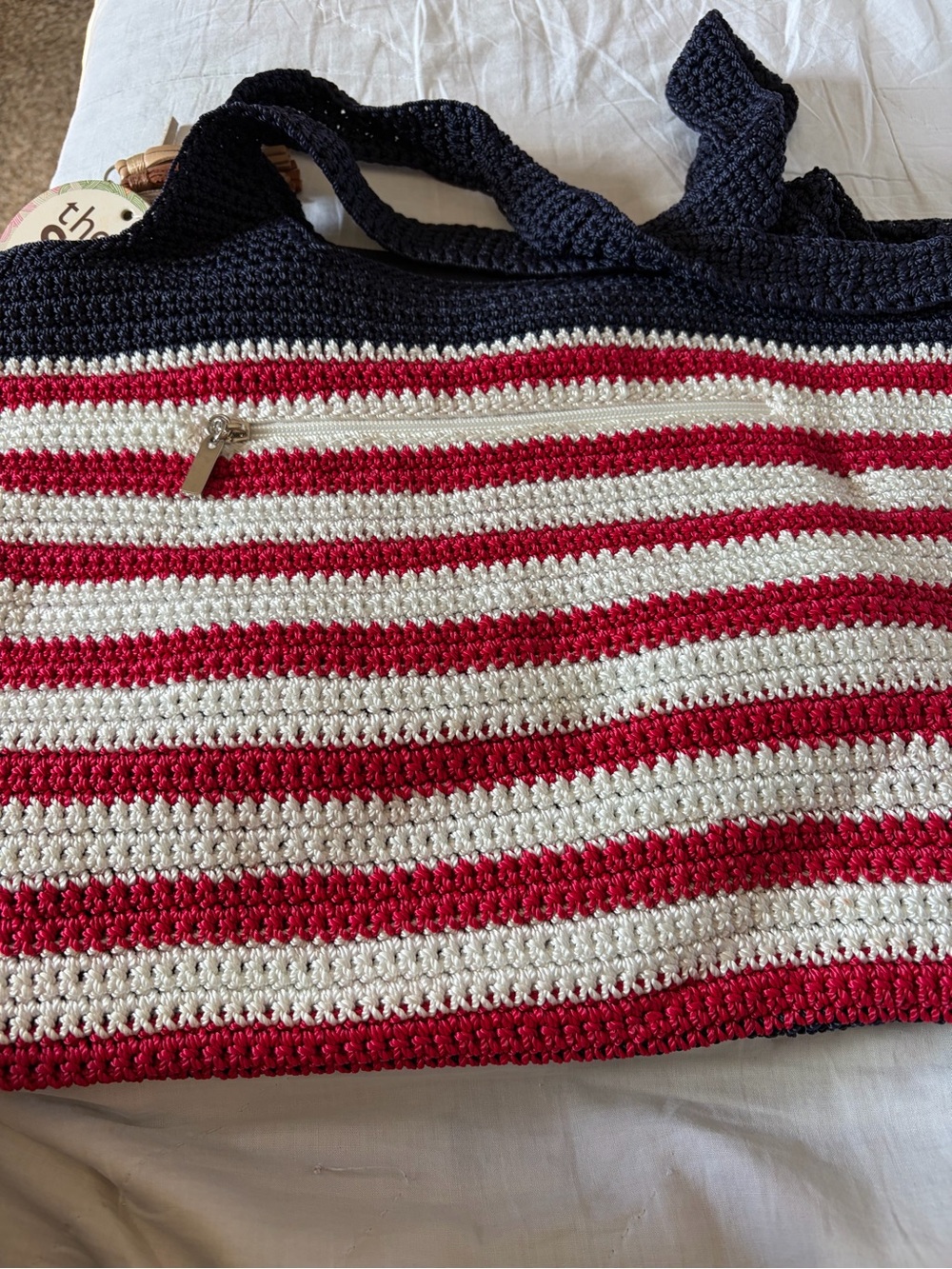 The Sak Crochet American Flag Tote in Navy, Red & White with Tassel Charm - Picture 4 of 9